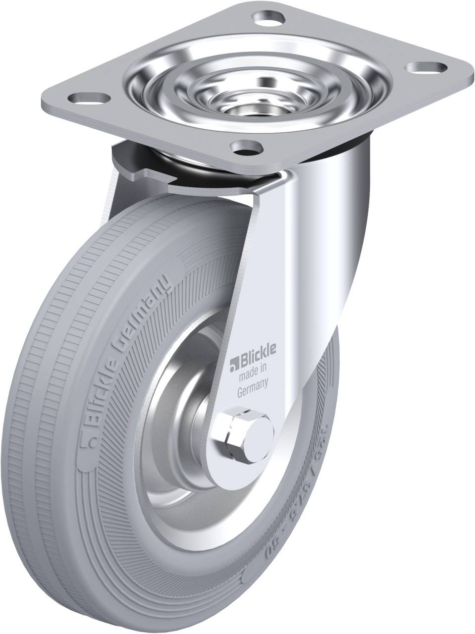 Metalhjul med sving og rulle med grå dæk og øvre monteringsplade. Tekst på nav: 'Blickle made in Germany'.