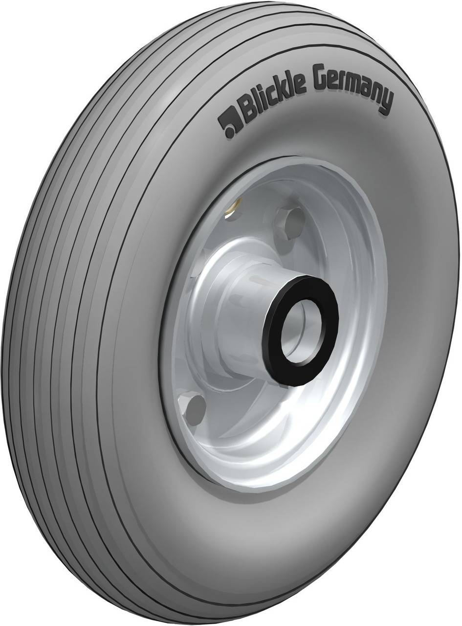Grå lufthjul med sølvfælg og 'Blickle Germany' påtryk. Velegnet til transportudstyr, yder stødabsorption og fleksibilitet.