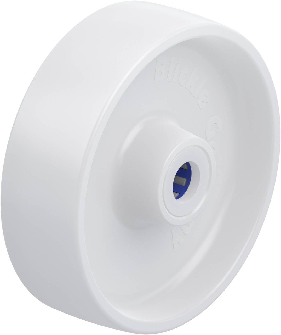 Et enkelt plastikhjul vist fra siden, med en glat hvid overflade og en central blå metalbøsning.