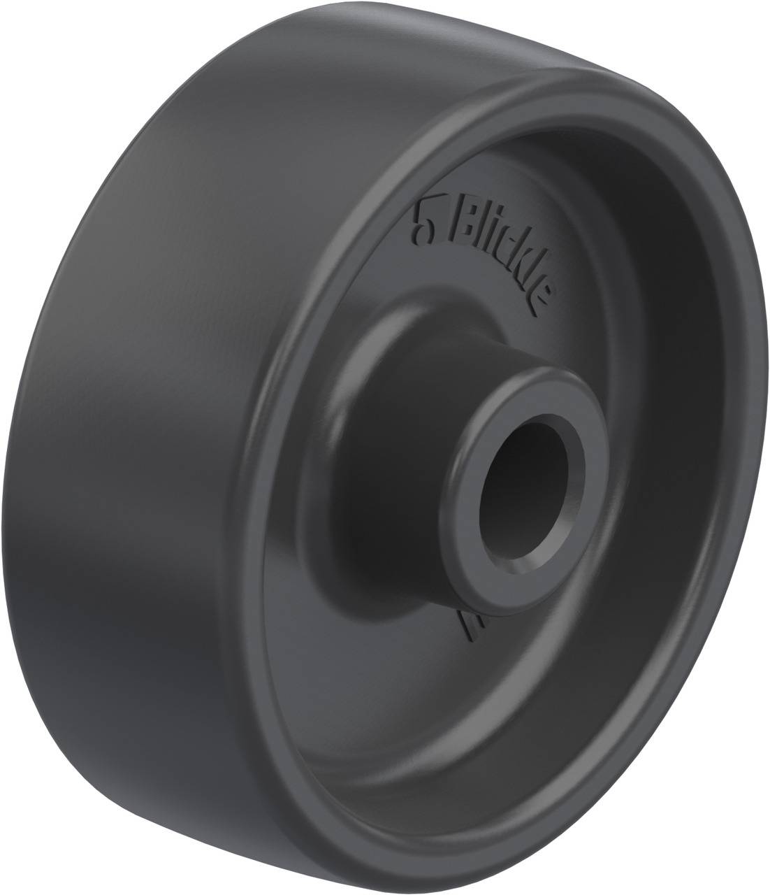 Sort plastikhjul med cylinderform og glat overflade, egnet til møbler eller transportvogne.