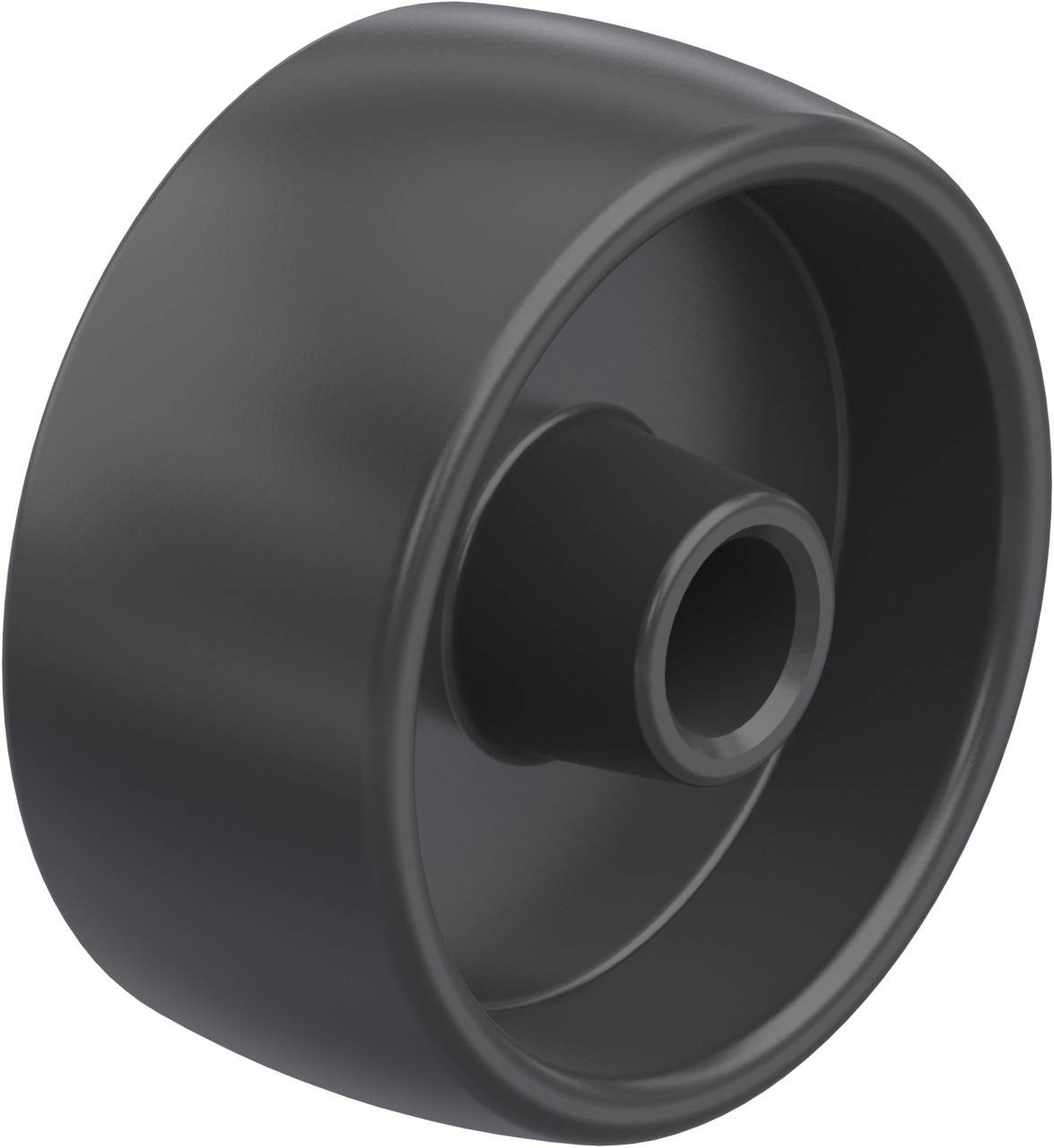 Sort plastikhjul, glat og cylindrisk, egnet til møbler eller små apparater.