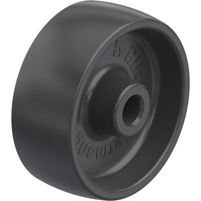 Sort plastikhjul med glat overflade, egnet til transport af lette til mellemtunge læs i industrielle anvendelser.