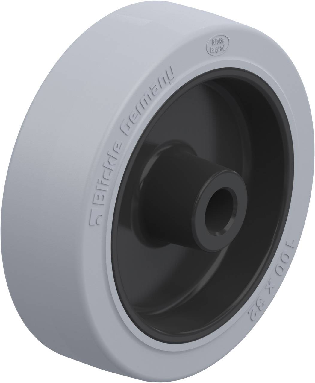 Grå industriel dobbelthjul med sort nav, påskrift 'Effektiv Tyskland', diameter: 100 mm.