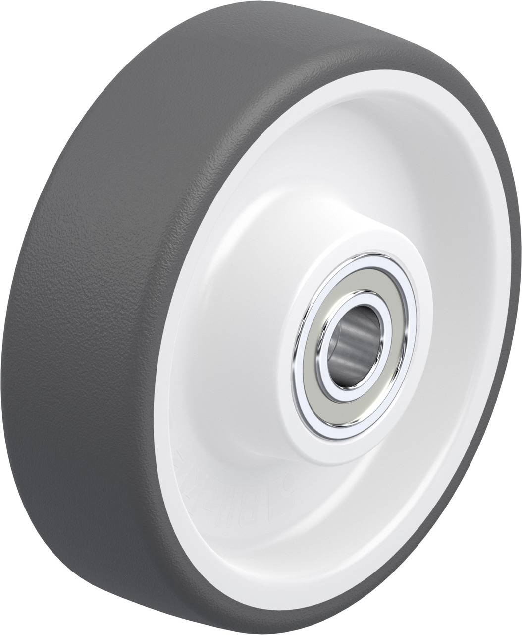 Et enkelt grå hjul lavet af plast med et metalkuglelejer i midten. Egnet til møbler eller transportvogne.
