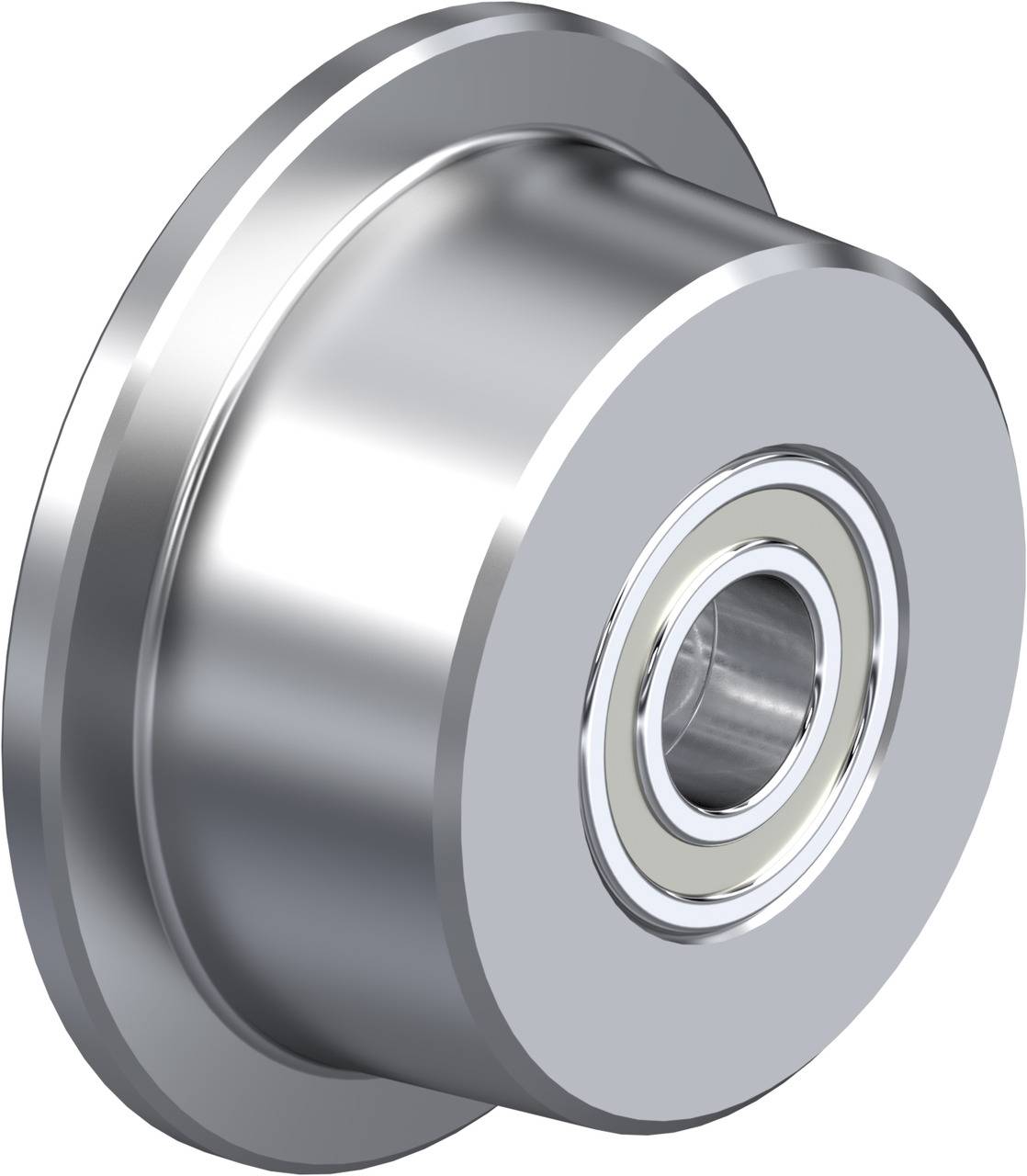 Grå metallic radialt kuglelejer med flange, viser sin cylindriske form og præcisionskuglesti.