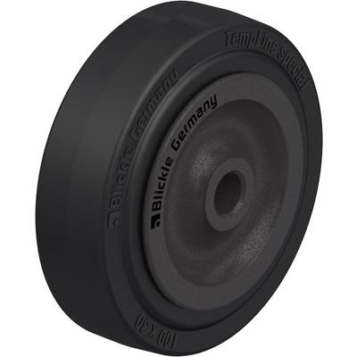 Sort kunststofhjul 'Blickle TempLine', med en konkav form, båret af et cylindrisk midterstykke.