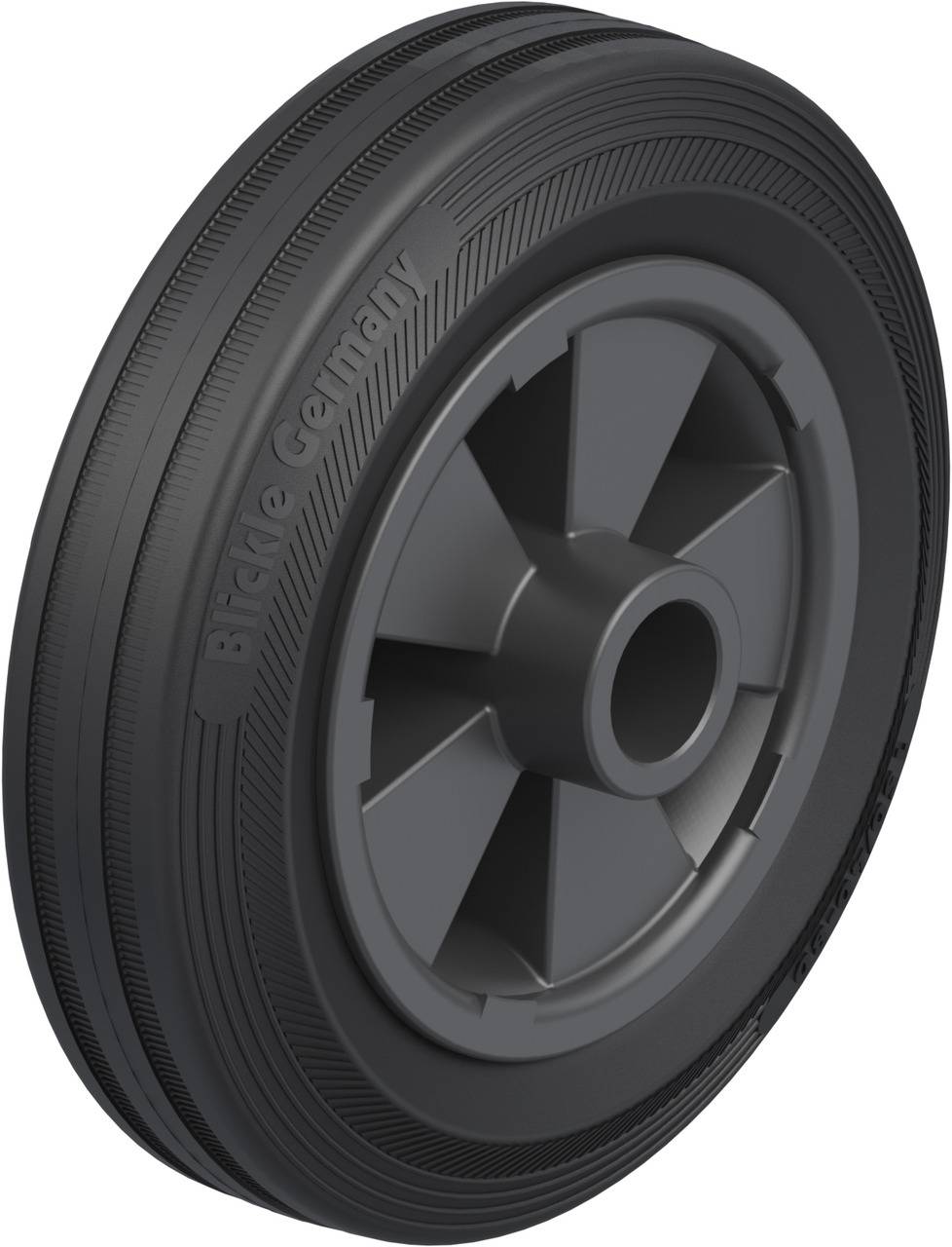 Sort hjul med strukturprofil og dækmønster, fremstillet i Tyskland, velegnet til industrielle anvendelser eller udstyr.