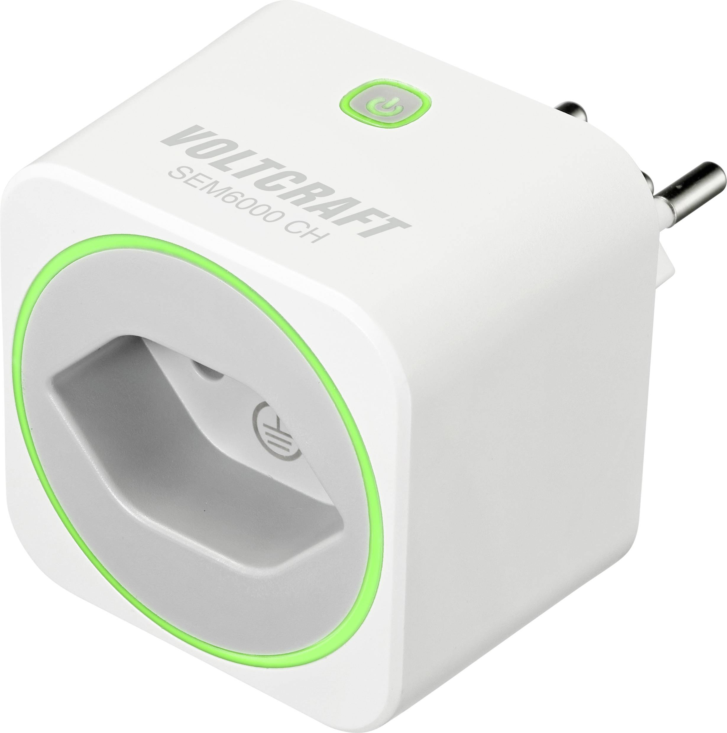 Hvid smart stikkontakt med grøn lysring og VOLTCRAFT-logo. Omdanner konventionelle stikkontakter til intelligente, til energiovervågning.