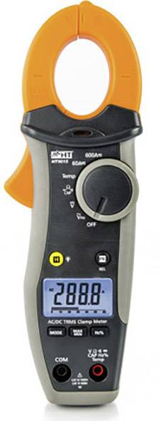 Digitalt tangamperemeter med LCD-display, drejelig vælger og flere funktionstaster til måling af strøm, spænding og modstand.