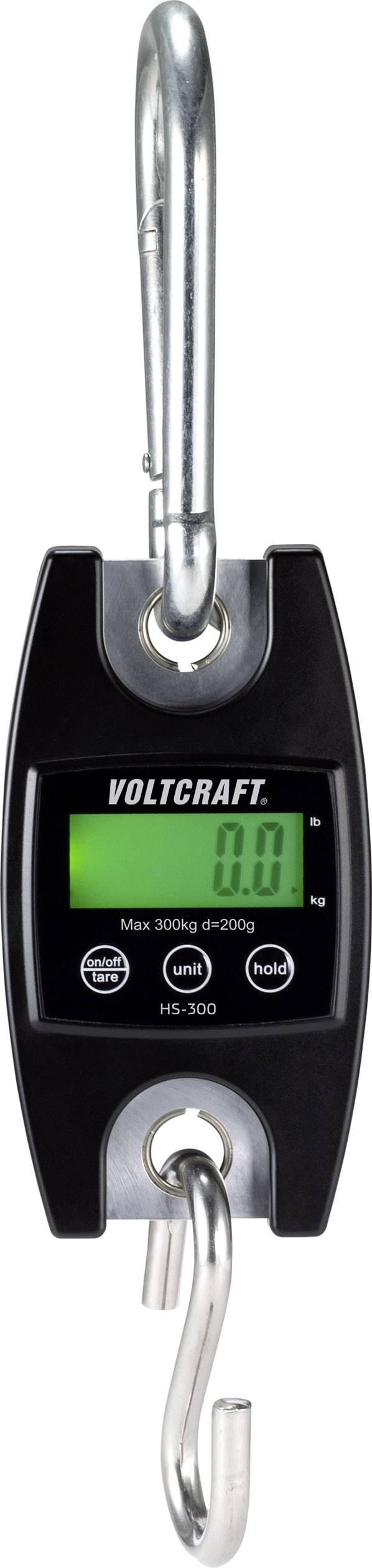 Digital vægt med krog og karabinhage. Display viser vægt. Påskrift: 'Voltcraft', maksimal belastningskapacitet 300 kg.
