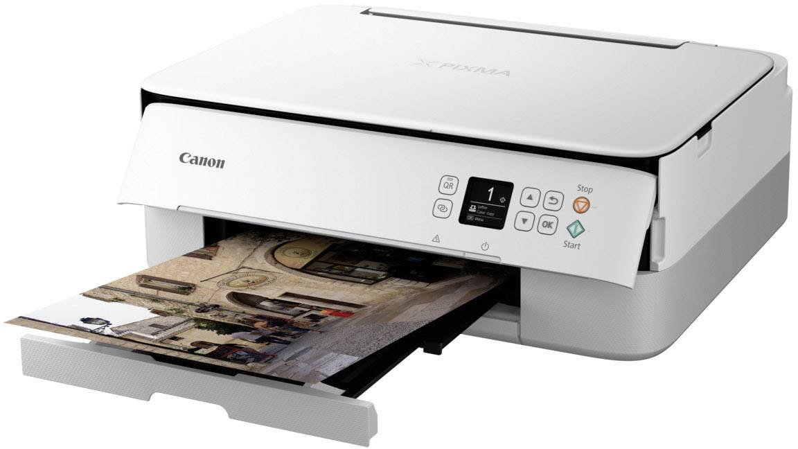 En hvid printer udskriver et farverigt billede med et gadescene-motiv. Printerens taster og en lille skærm er synlige.