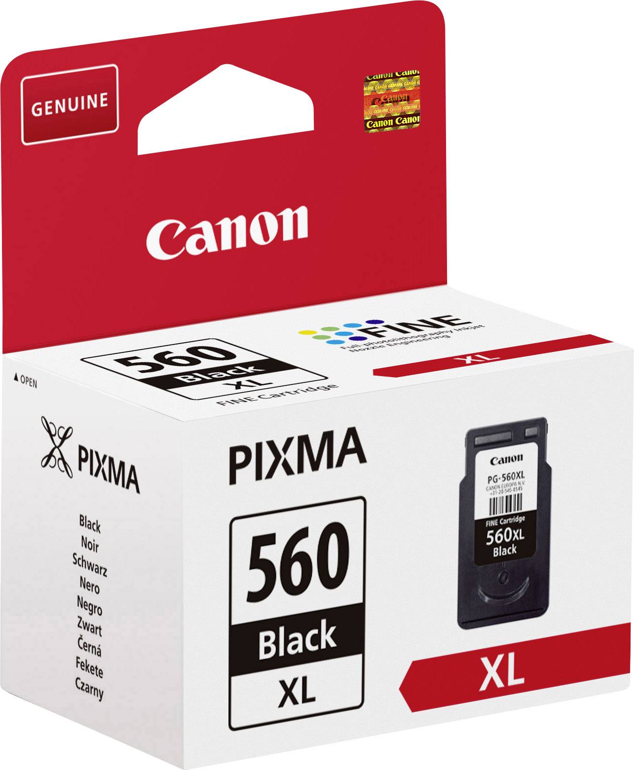 'Blækpatron Canon PG-560XL sort i originalemballage. Kompatibel med PIXMA-printere. XL-størrelse til længere brug.'