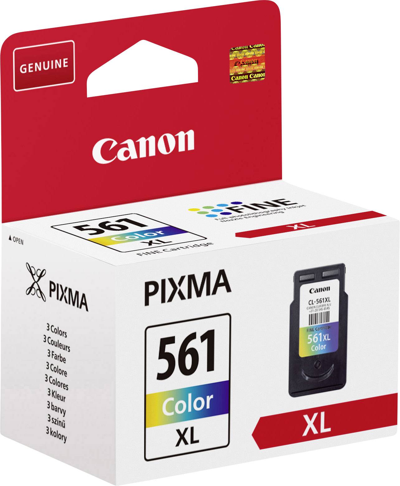 Canon PIXMA Blækpatron 561 XL i farvet karton. Egnet til farvetryk med FINE-teknologi. Indeholder tre farver.