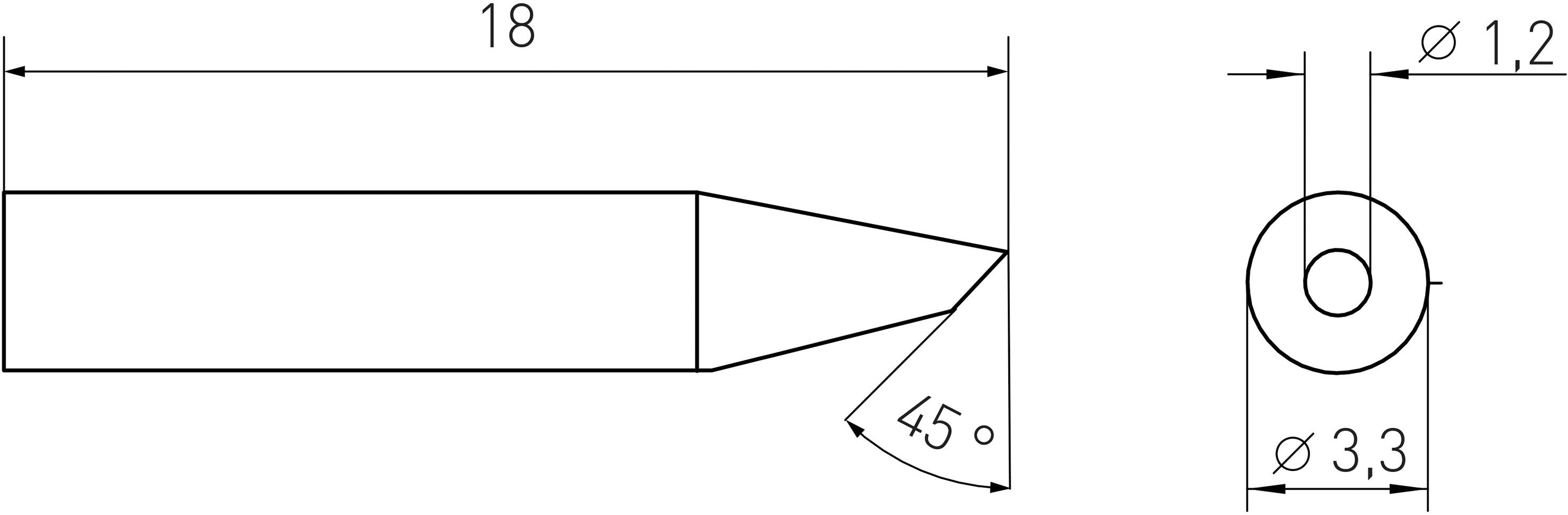Teknisk tegning af et konisk værktøj. Længde: 18 mm, Spids: 45 grader. Tværsnit: Diameter 1,2 mm, Total diameter: 3,3 mm.