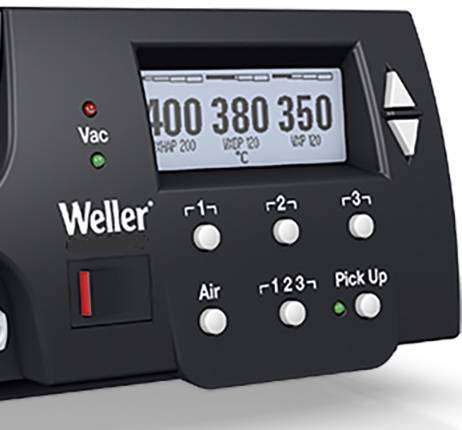 Et sort-gråt digitalt styringsapparat med display viser temperatur- og luftstrømsværdier. Brandnavnet 'Weller' er synligt.