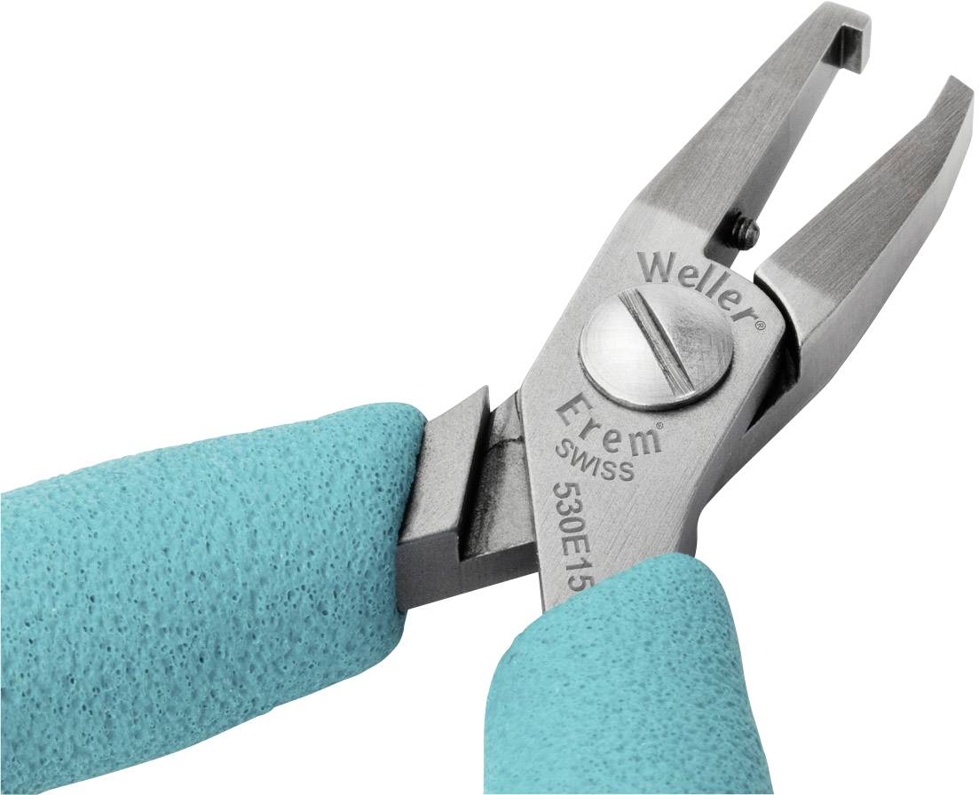 Sølvtang med turkise håndtag. Teksten på metallet lyder 'Weller Erem Swiss 530E15'. Nærbillede af værktøjet.