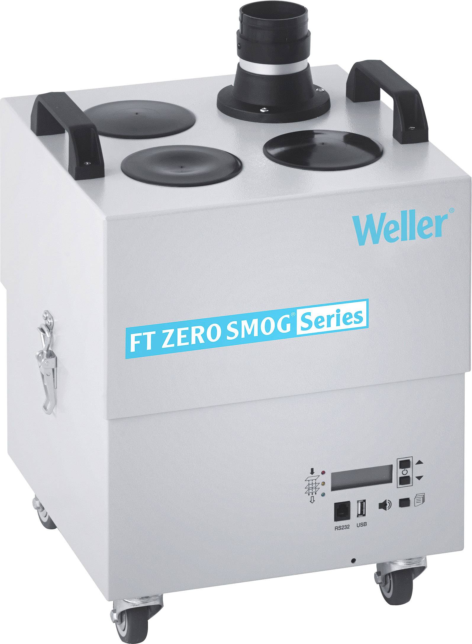 En mobil luftrenser fra mærket Weller, model 'FT Zero Smog Series', monteret på hjul, med betjeningspanel og bærehåndtag.