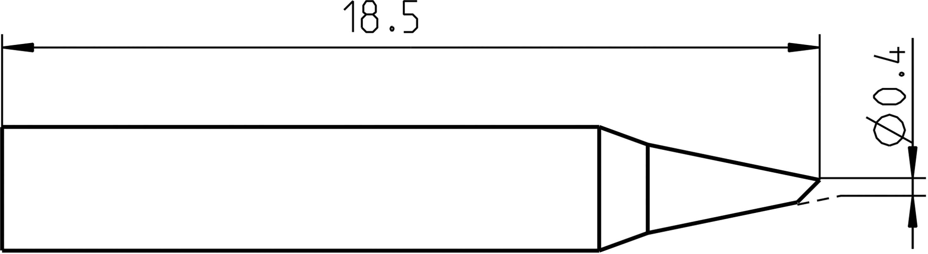 Loddetippe-diagram med mål: Længde 18,5 mm, spidsens diameter 0,4 mm.
