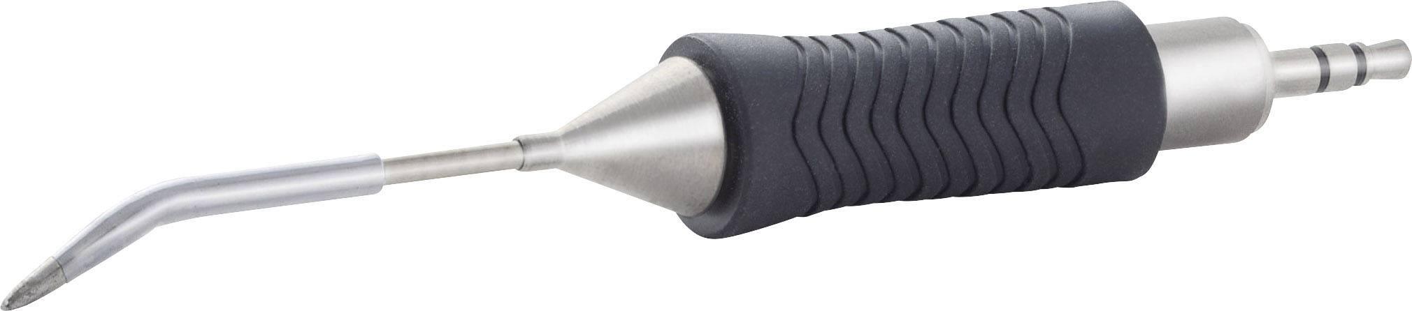 Et metallisk, ergonomisk designet dentalinstrument med fleksibelt greb og en smal, buet spids i enden.
