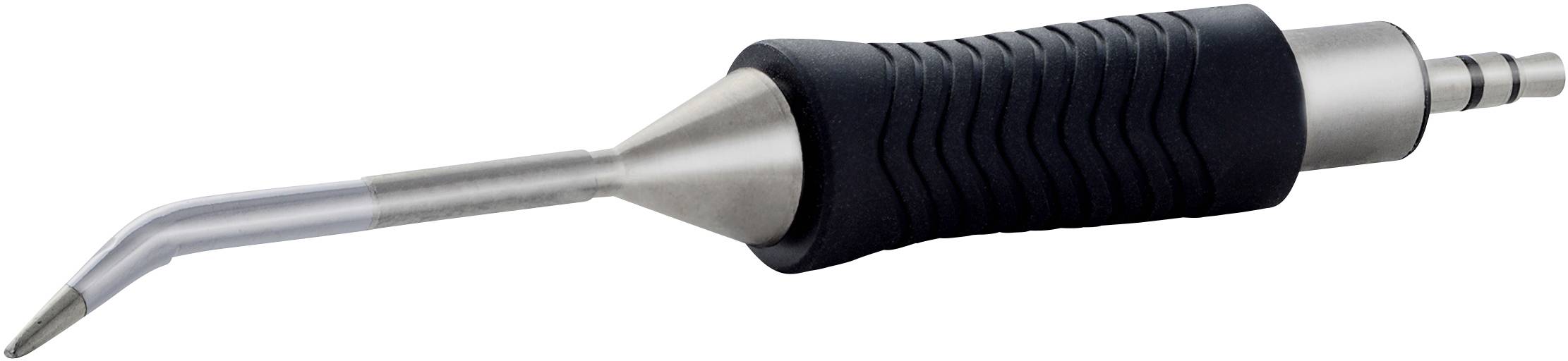 Et medicinsk instrument med et buet metalrør og ergonomisk håndtag, muligvis til tandlægelige formål.