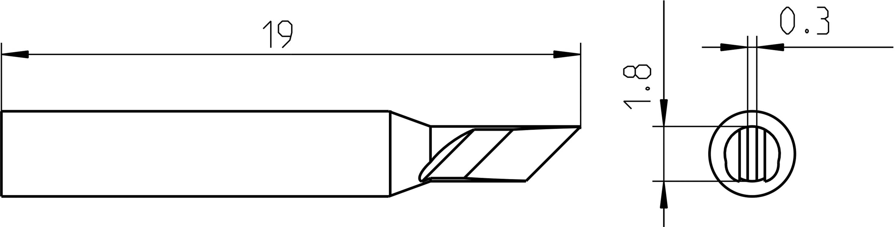 Teknisk tegning: Cylindrisk komponent med skråt spids. Sidevisning viser længde 19 mm, diameter 1,8 mm, skråning 0,3 mm.