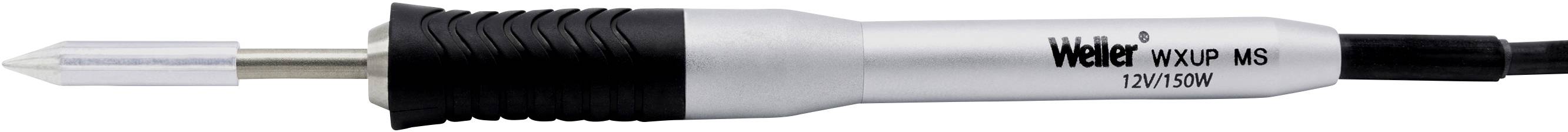 Loddekolbe med sort håndtag og sølvspids, mærket med 'Weller', 'WXP 80', drevet ved 12V/80W.