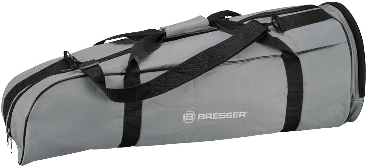 Grå taske med sort bærehåndtag og lynlåse, påtrykt Bresser-logoet.