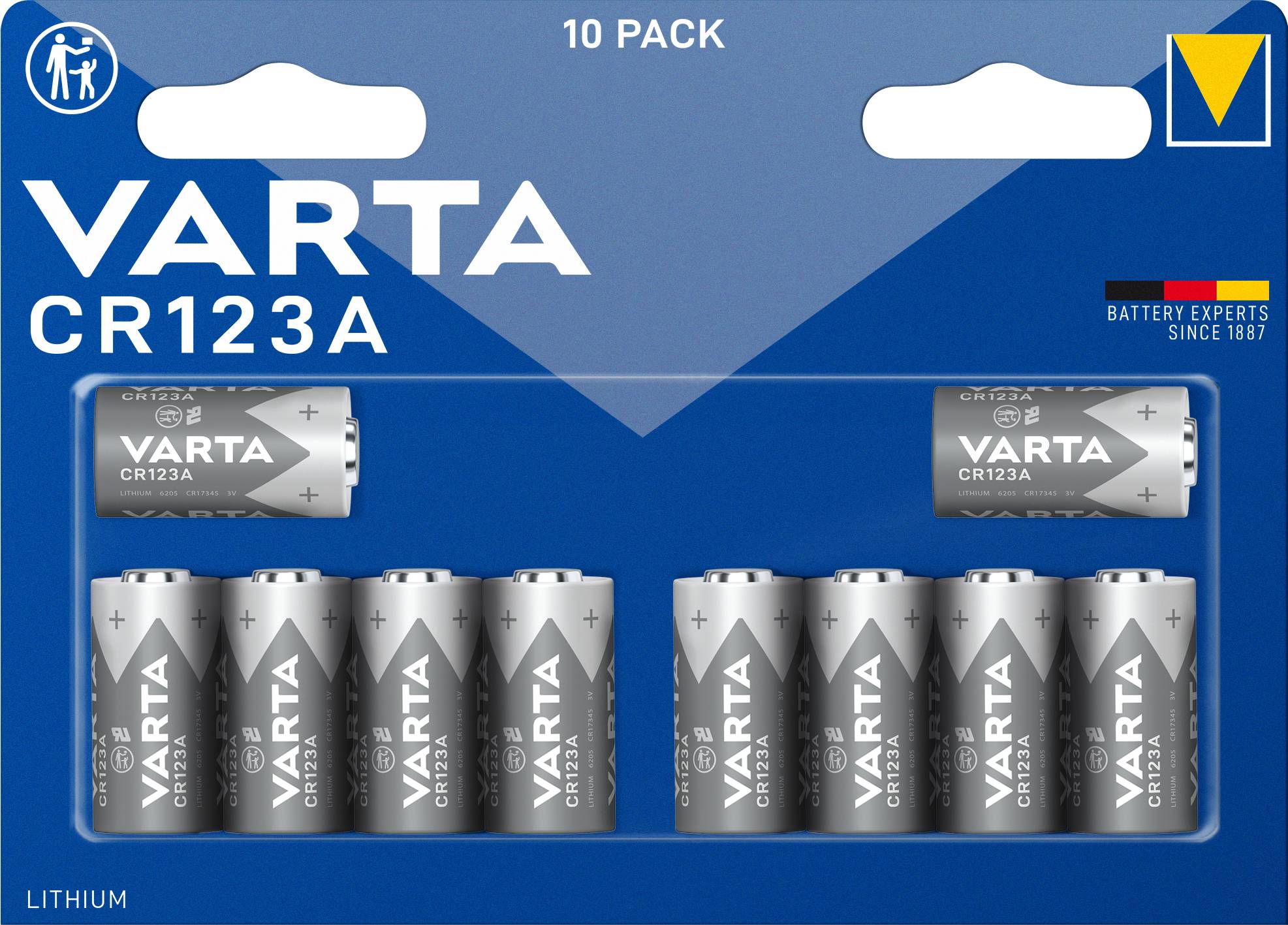 En pakke med ti Varta CR123A lithiumbatterier i en blå emballage med varemærkelogo og teksten 'Battery Experts Since 1887'.