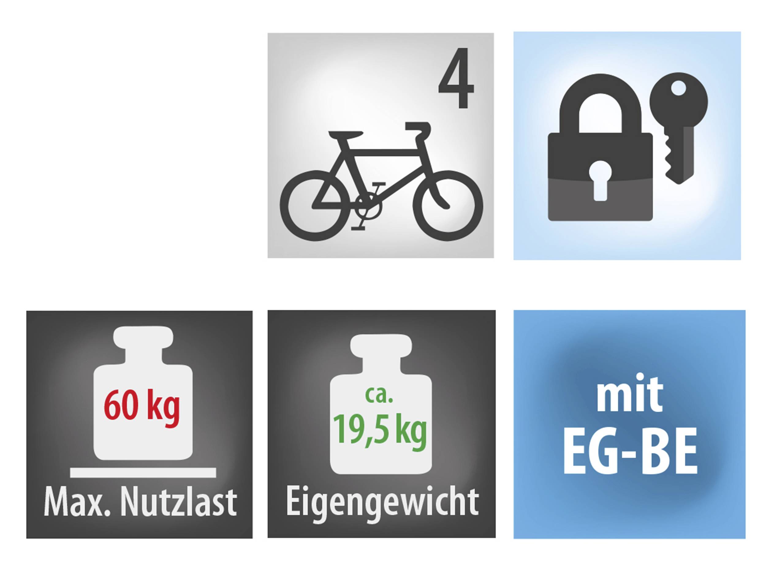 'E-Cykel: Maks. nyttelast 60 kg, egenvægt ca. 19,5 kg, med EG-godkendelse. Inkl. illustration af cykel, nummer 4, lås og nøgle.'
