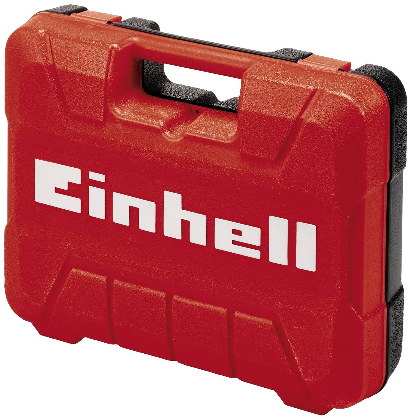 Rød værktøjskasse med 'Einhell' påskrift i hvid, robust design, håndtag øverst, ideel til transport af værktøj.