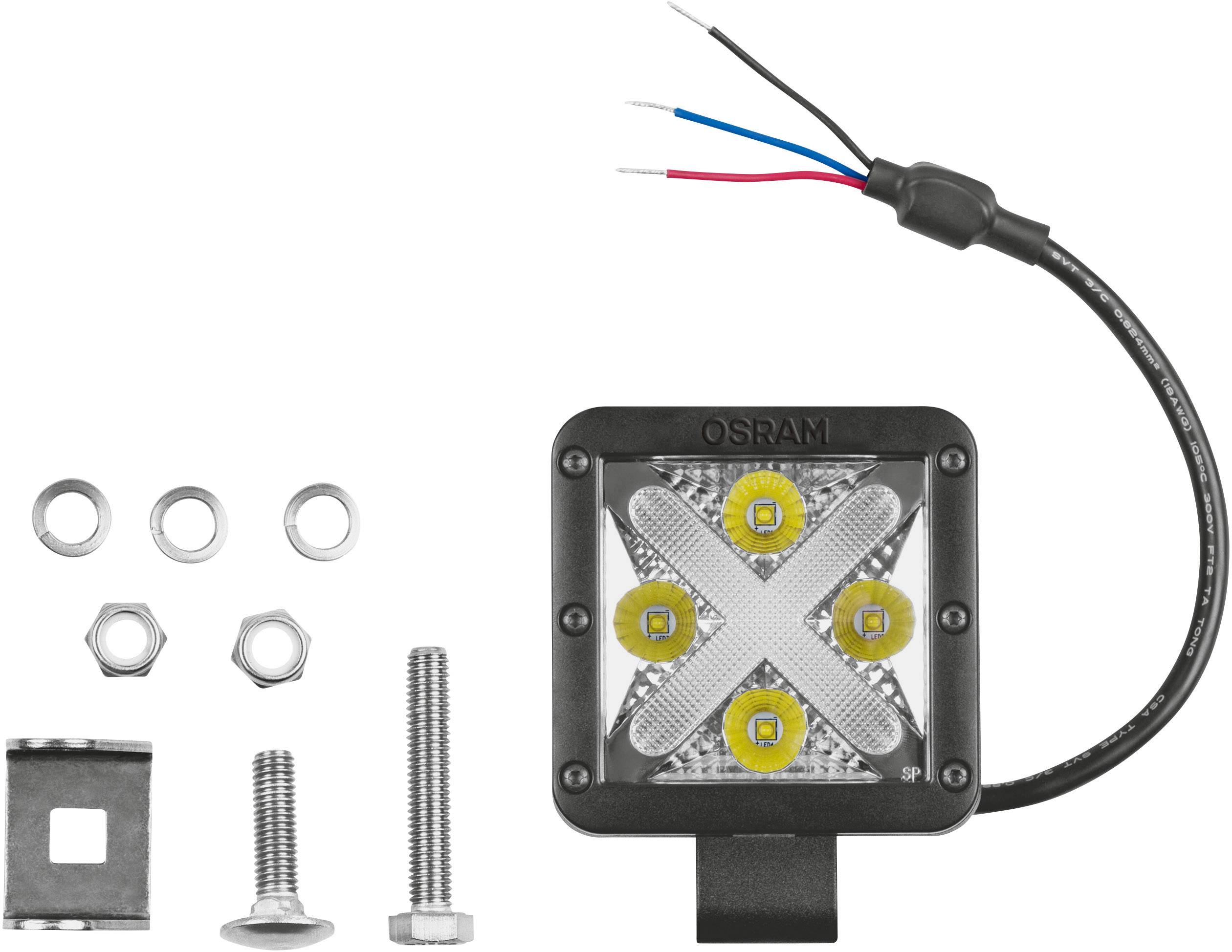 LED-arbejdslys med fire gule linser, sort kabinet og tre tilslutningsledninger. Inklusiv monteringsmateriale som skruer og møtrikker.