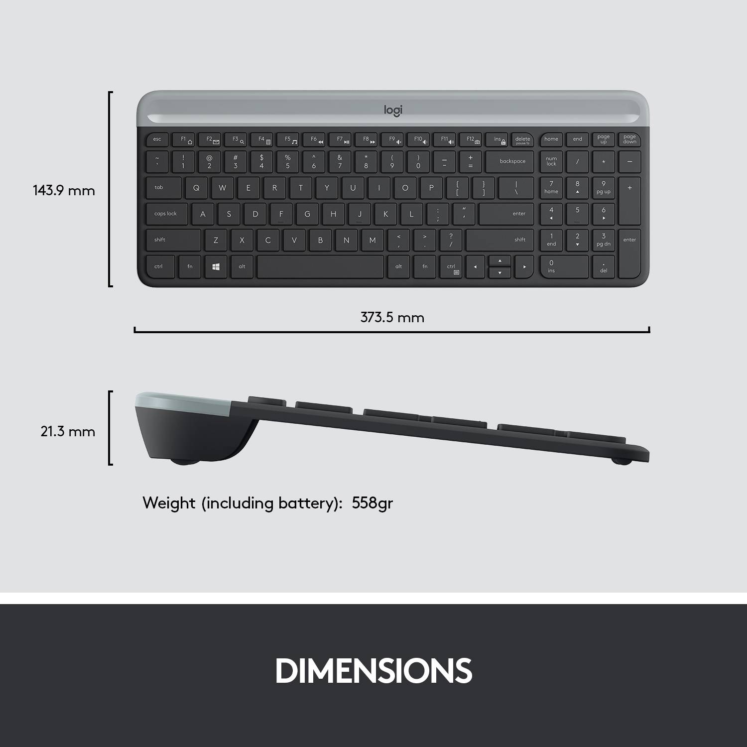 Illustration af et tastatur med målene 143,9 mm højde, 373,5 mm bredde og 21,3 mm dybde. Samlet vægt inklusive batteri: 558 g.