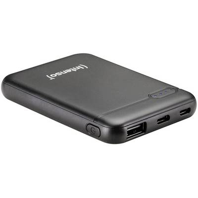 Sort powerbank fra Intenso med LED-ladesindikator, en USB-port og en USB-C-port. Ligger på en hvid overflade.