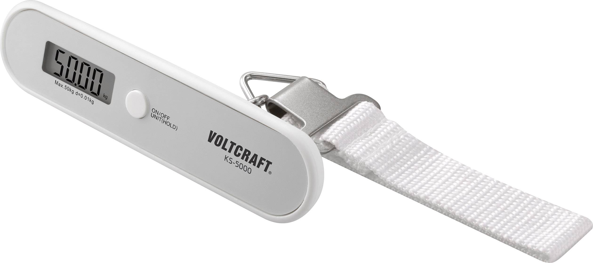 Elektronisk kuffert-vægt viser '50.0', udstyret med en robust rem og metalkrog. Perfekt til vejning af bagage før rejser.