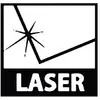 Et sort-hvidt skilt med et billede af en laserstrål, der løber fra øverst venstre til nederst højre. Nedenunder står der 'LASER'.