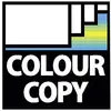 Et logo med teksten 'COLOUR COPY' i hvid skrift på sort baggrund, øverst et grafisk element med farvede bjælker.
