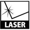 Et piktogram viser en laserstråle, der gennemskærer et objekt. Nedenunder står der 'LASER'. Advarer mod laserfare.