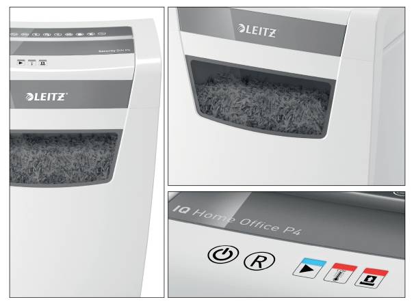 Leitz papmakuleringsmaskine med fuld opsamlingsbeholder. Betjeningspanel viser tænd/sluk, tilbageløb og sikkerhedsniveau P4.