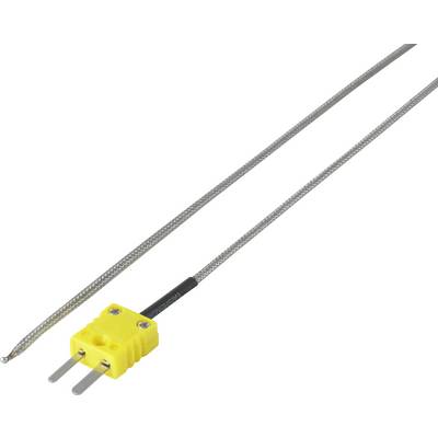 Gul termoelement-stik med to metalstifter, fastgjort til et langt, sølvfarvet kabel, til temperaturmåling.
