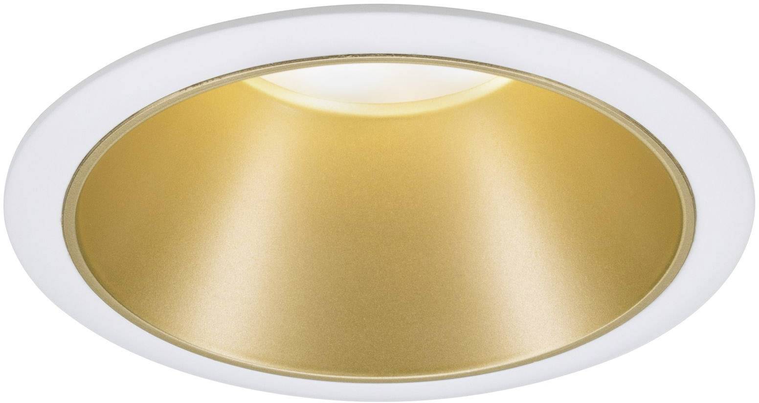 Rund loftslampe med guldfarvet indvendig reflektor og hvid ramme, der lyser nedad.