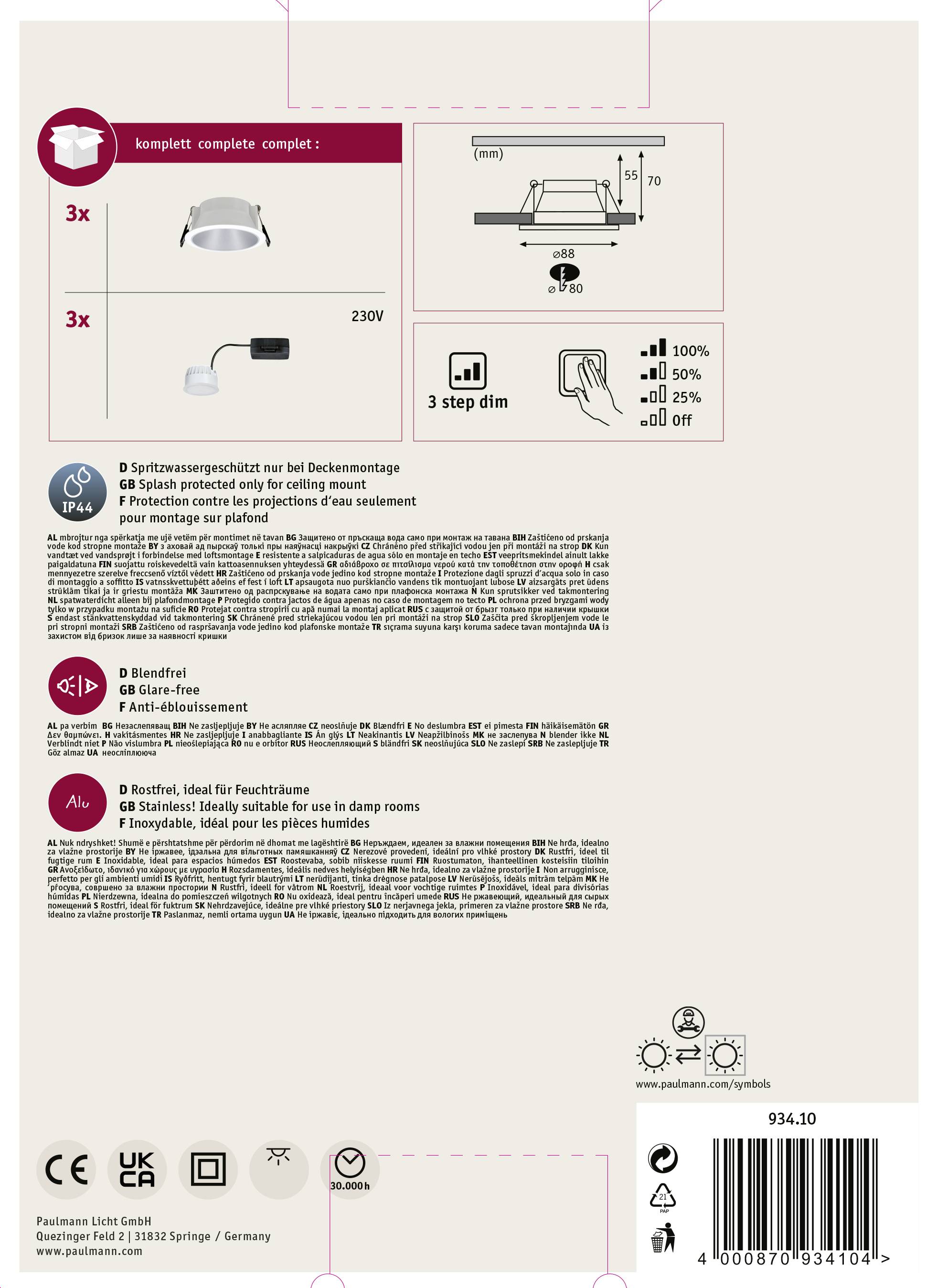 Emballage til en LED-indbygningslampe. Viser installationsillustrationer, dæmpningstilstande og tekniske detaljer. Indeholder symboler for energieffektivitet og beskyttelsestyper.
