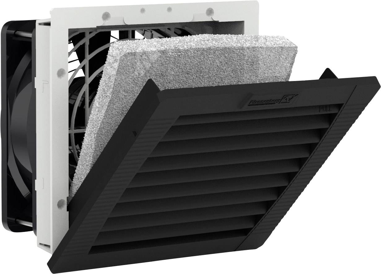 Et sort ventilationsgitter med ventilator og filterindsats, som kan monteres på en væg eller i et kabinet, til luftcirkulation.