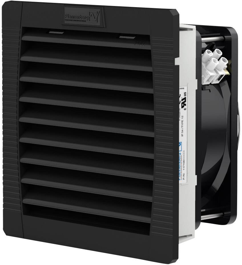 Returluftfilterenhed med sort ventilationsgitter, sideplacerede kabelstik synlige. Mærke: Pfannenberg. Anvendelse til køleudstyr.