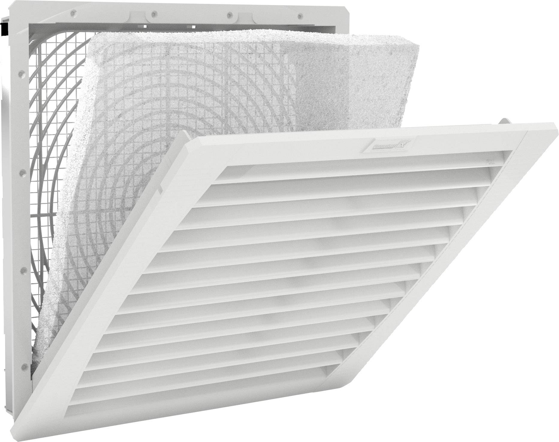 Ventilationsgitter med indsat filterelement, som viser gitterets forside og et utagbart filtermateriale indvendigt.