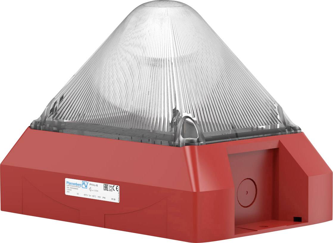 En rød, pyramideformet elektronisk enhed med transparent låg, sandsynligvis en alarm- eller belysningsenhed.