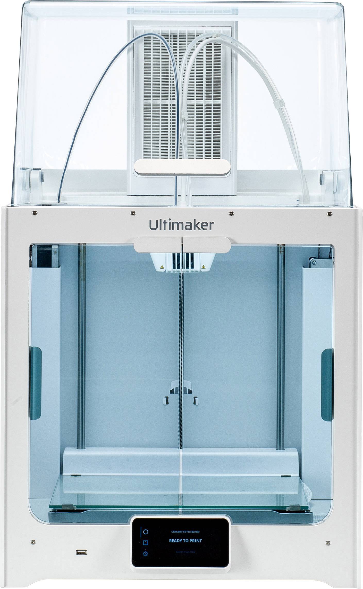 3D-printer med gennemsigtigt kabinet og to printhoveder øverst. Mærket står øverst. Displayet viser 'Klar til print'.