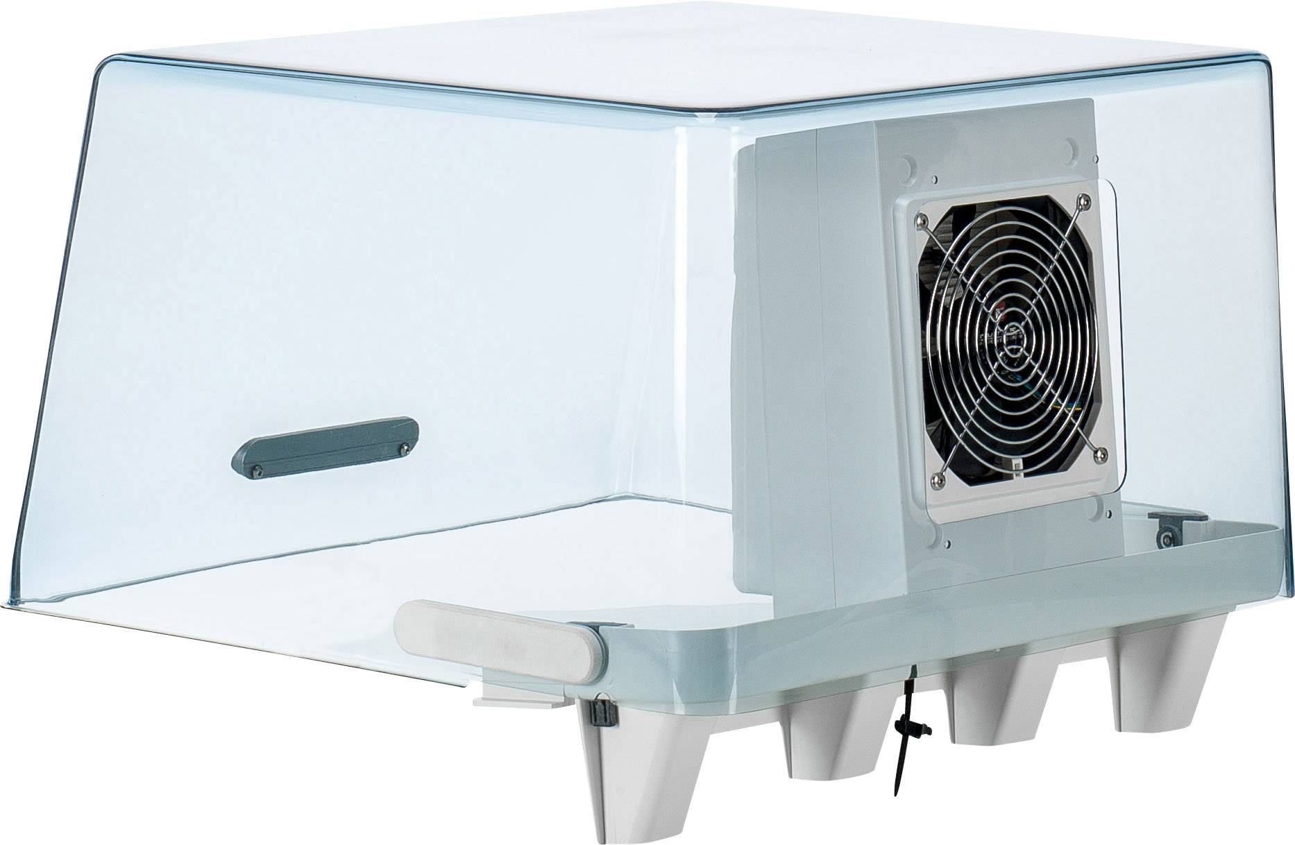 En gennemsigtig plastikbeholder med integreret ventilator og flere åbninger, formentlig til ventilation eller køling.