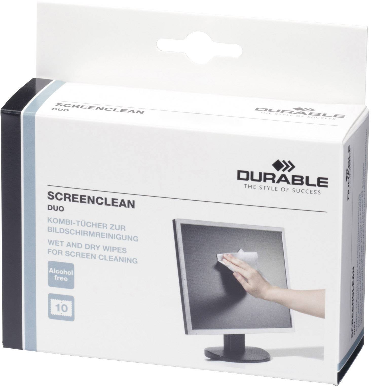 Pakning til Durable Screenclean Duo, indeholder 10 alkoholfrie kombinations-servietter til rengøring af skærme. Illustration viser brug af serviet.