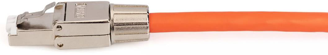 Et orange netværkskabel med en metallisk RJ45-stik vist til højre.