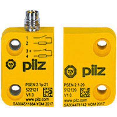Gul sensor fra Pilz, model PSEN 2.1-20, med flere tilslutninger og påskrift 'pilz' samt et kredsløbsdiagram på overfladen.